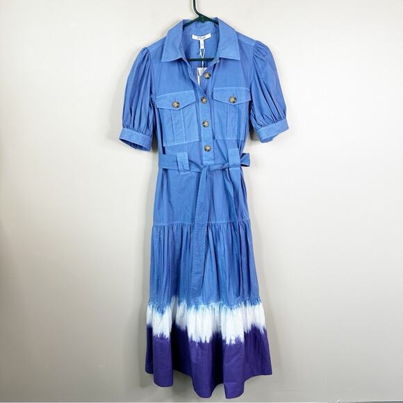 NEW Derek Lam 10 Crosby Buffy Utility Midi Shirt Dress Womens 4 Blue Dip Dye - Picture 2 of 10